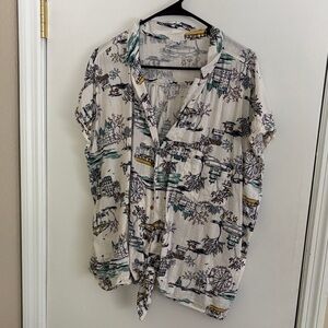 Old Navy Cream Button-Down Short Sleeve Top with Teal & Black Scenic Print